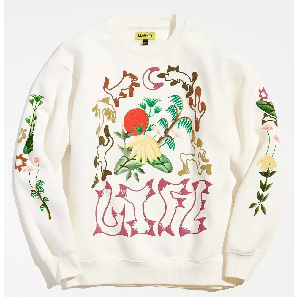 Market UO Exclusive Life Cycle Crew Neck Sweatshirt Cream Floral Sleeve Med Y2K - Picture 10 of 10
